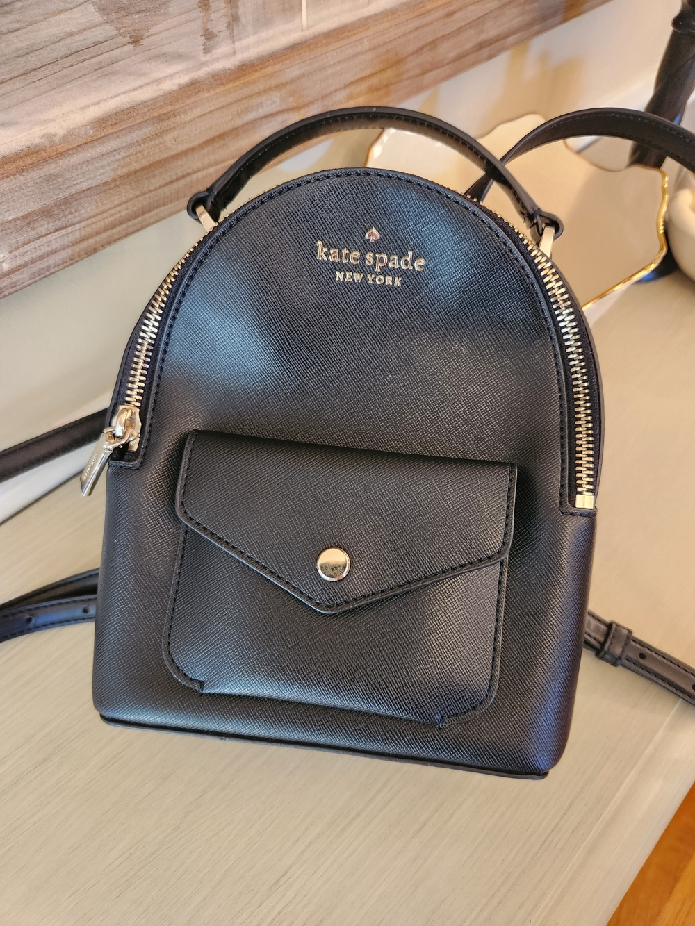 kate spade Black Saffiano Schulyer Mini Backpack with Front Pocket
